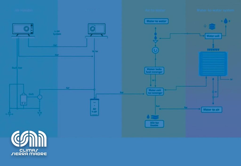 Diferentes tipos de sistemas de climatización según el medio de intercambio, incluyendo sistemas aire-aire, aire-agua, agua-agua y agua-aire, resaltando sus componentes y aplicaciones en edificios y locales para asegurar el confort y la calidad del aire interior.