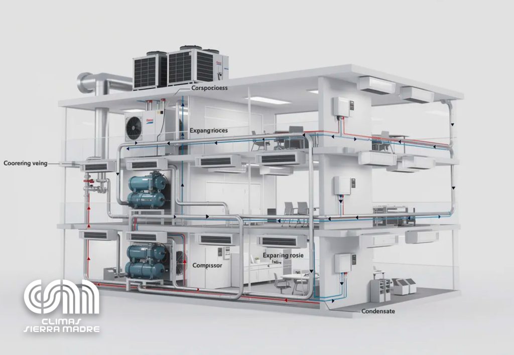 Este sistema de climatización utiliza un flujo de refrigerante variable, lo que permite una eficiente regulación de la temperatura en edificios de diferentes tamaños y necesidades.