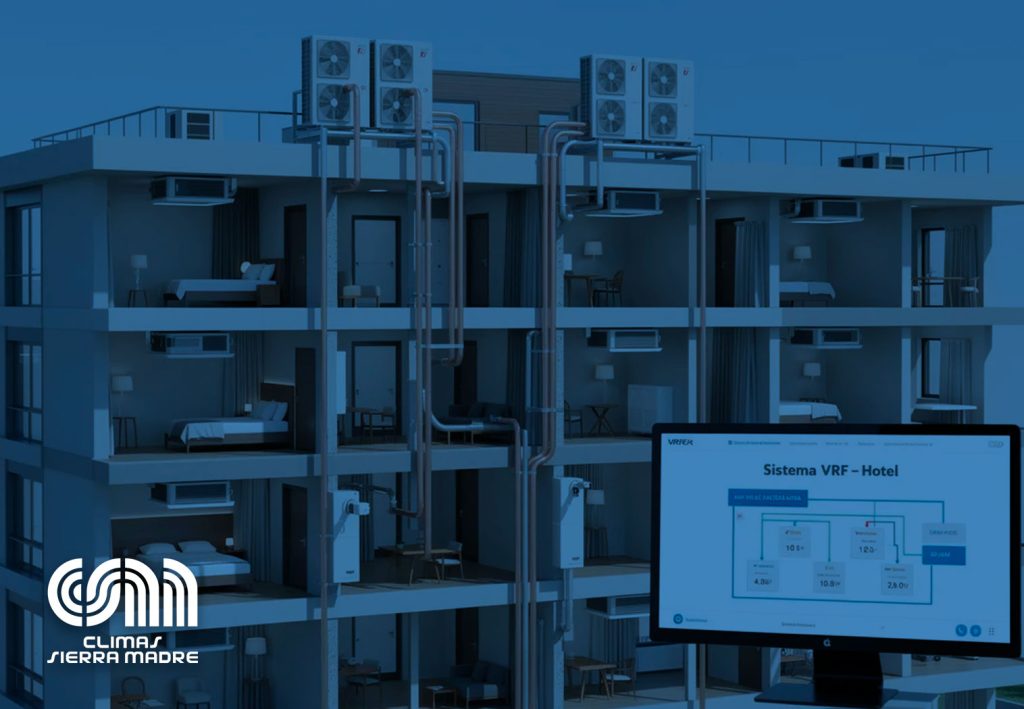 Sistema VRF instalado en un hotel, este sistema de volumen de refrigerante variable permite un control óptimo de la temperatura y confort en diferentes zonas del edificio.