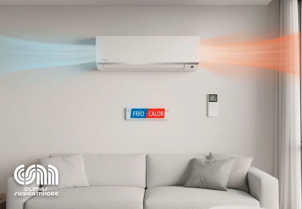 Sistema de aire acondicionado tipo minisplit que ofrece funciones de frío y calor.