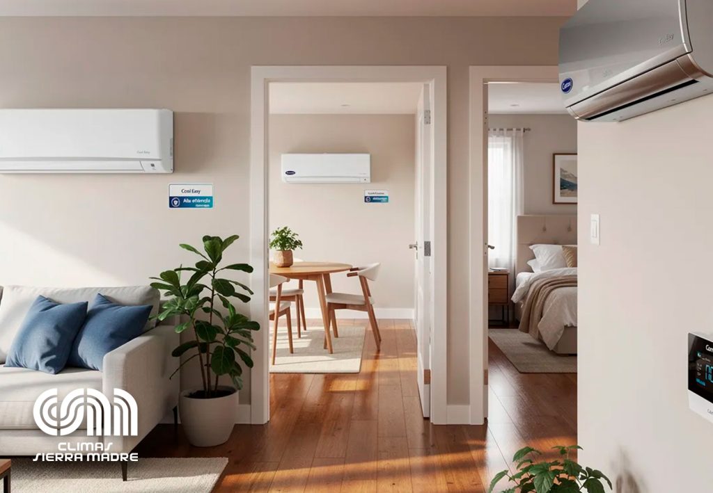 Equipos de Carrier de la serie Cool Easy y Elite instalados en un hogar, destacando su diseño moderno y funcional.