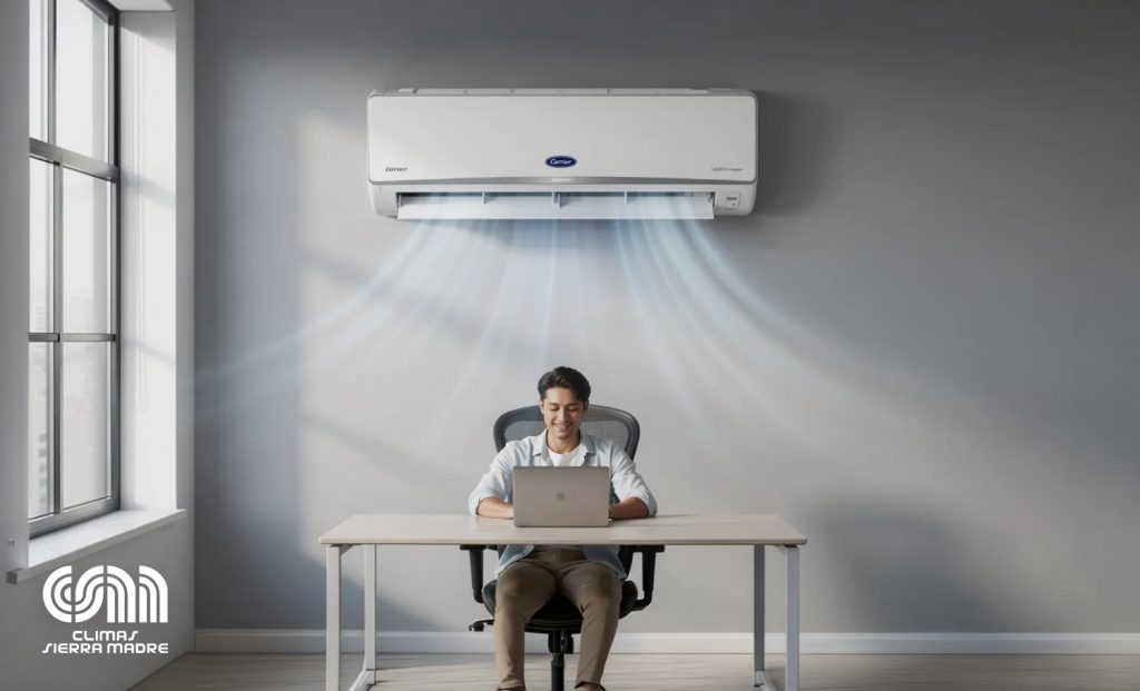 Un aire acondicionado inverter de 12000 BTU de la marca Carrier está instalado en una oficina de 15 m²