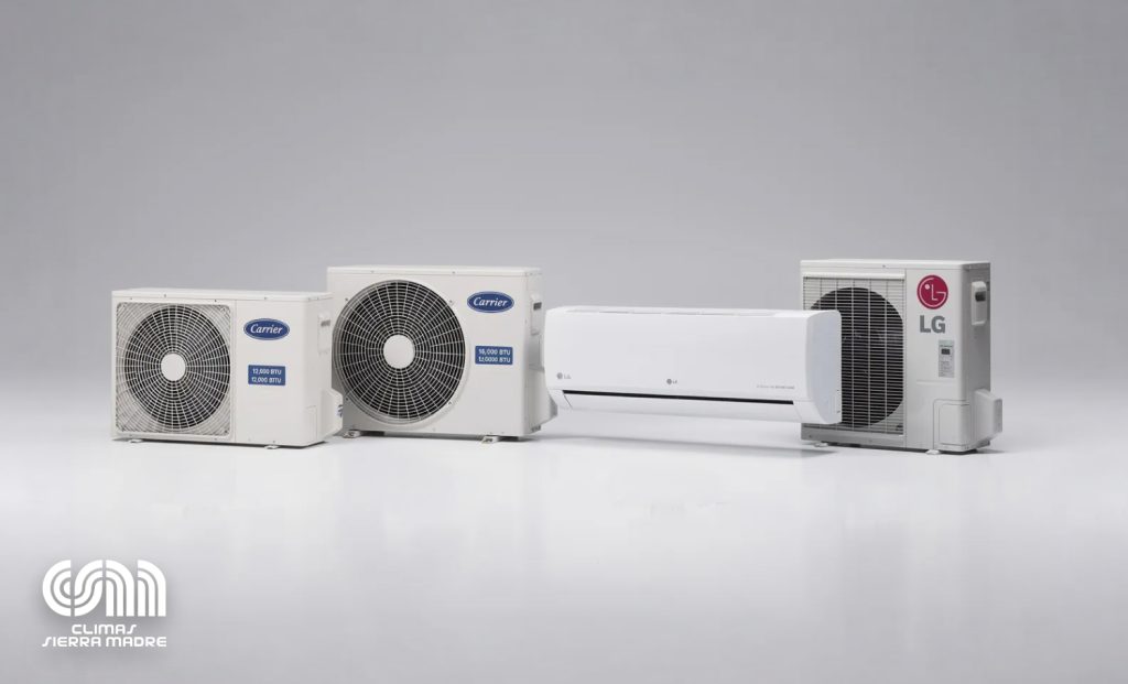 Modelos de aires acondicionados de las marcas Carrier y LG, con diferentes capacidades en BTU.