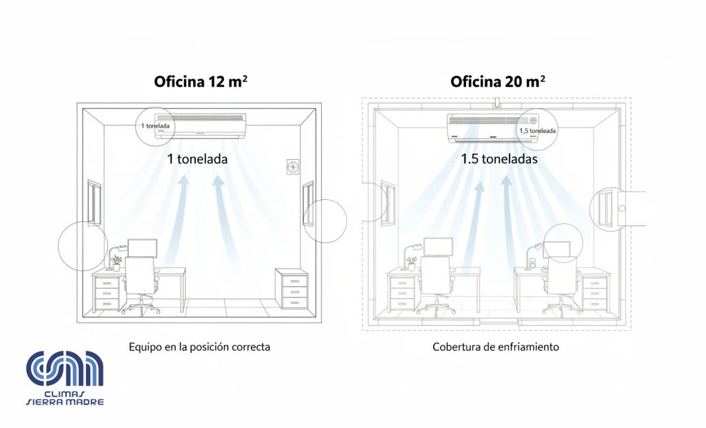 Observa la diferencia en la capacidad de enfriamiento necesaria para cada habitación.